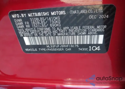 2024 Mitsubishi Mirage G4 Black Edition из США, поврежденный, VIN ML32FUFJ5RHF19175